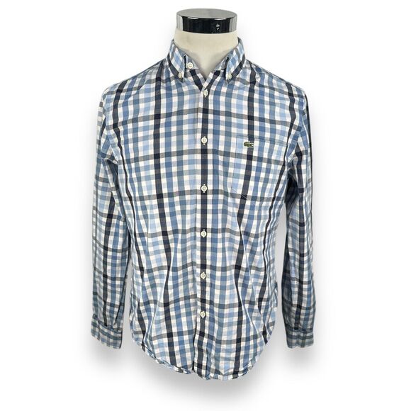 Lacoste Shirt Men 40 Blue Black Check Cotton Button Down Regular Fit Long Sleeve - Picture 1 of 10